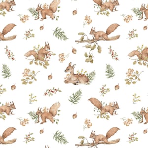 Squirrels and Roe-deer Cotton Fabric, Watercolor Modern Nursery, Premium Digital Print Cotton, Width 155cm /61"