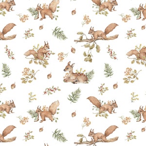 Squirrels and Roe-deer Cotton Fabric, Watercolor Modern Nursery, Premium Digital Print Cotton, Width 155cm /61&quot;
