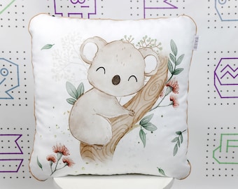 White Koala Throw Pillow, Koala Bears and Eucalyptus Nursery Pillow, Personalized Kid Soft Cushion | Nuva