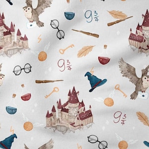 School of Magic on Gray  Stretch Knit Fabric, Digital Print Knit Cotton, High quality Knitwear, Width 150cm /59"