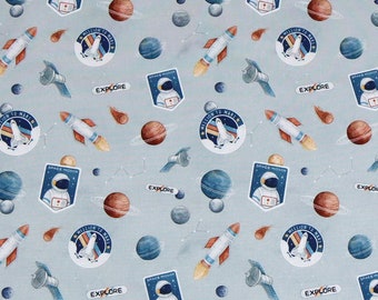 Space Gray Cotton Fabric, Spaceship Rocket Modern Nursery, Premium Digital Print Cotton, Width 155cm /61"