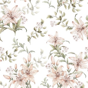 Lilies Flowers Cotton Fabric, Vintage Floral Modern Nursery, Premium Digital Print Cotton, Width 155cm /61"