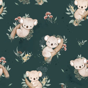 Green Koala Cotton Fabric, Koala Bears  and Eucalyptus Modern Nursery, Premium Digital Print Cotton, Width 155cm /61"