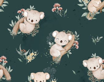 Grüner Koala Baumwollstoff – Koalas & Eukalyptus Kinderzimmer Motiv