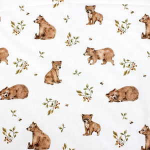 Sweet Bear Cotton Fabric, Watercolor Woodland Nursery, Premium Digital Print Cotton, Width 155cm /61"