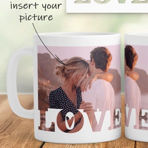Taza con marco de fotos de amor, taza de San Valentín png, plantilla de taza con imagen, diseño de sublimación de taza con foto png, regalo del día de San Valentín