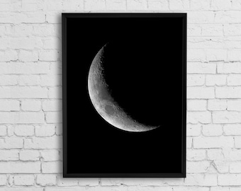 Crescent moon art print, Moon phase print, Moon poster, Moon art, Black and white printable art, Large print, Astronomy poster