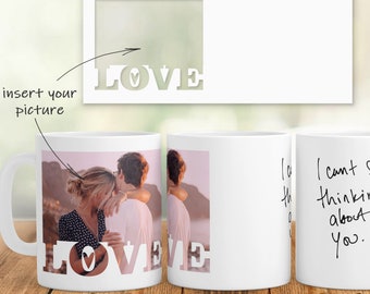 Taza con marco de fotos de amor, taza de San Valentín png, plantilla de taza con foto, diseño de sublimación de taza con foto png, regalo de San Valentín