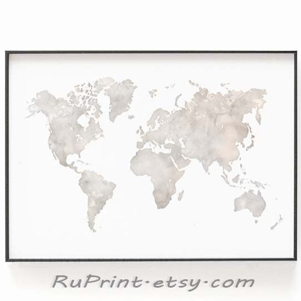 Neutral Beige World Map, Neutral map, Printable Watercolor World Map Wall Art Poster, Kids Room Wall Decor, Living room wall art