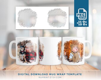 Puede incluir: Taza de cerámica blanca con un diseño envolvente que presenta una foto de un niño y un perro, rodeada por un borde de copos de nieve. La taza está disponible en tamaños de 312 ml y 425 ml. El texto "DIGITAL DOWNLOAD MUG WRAP TEMPLATE" está en la parte inferior.