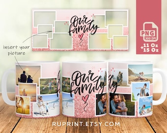 Nuestra familia - Taza collage de fotos familiares, Marco de fotos familiar Plantilla digital para sublimación en Tazas, Plantilla de diseño de tazas