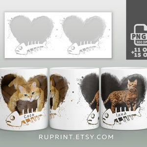 May include: Two white ceramic mugs with a watercolor design of a heart and a fish bone. The mugs feature a cat in the heart. One mug has a brown tabby cat named Luna and the other has a ginger cat named Coco.