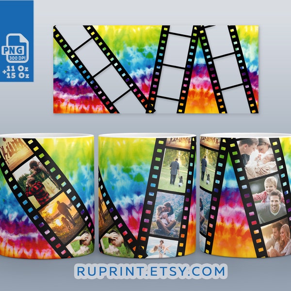 Tie dye mug wrap png, Summer mugs 11 oz and 15 oz, Film photo frame mug, Picture mug template, Photo mug sublimation design png