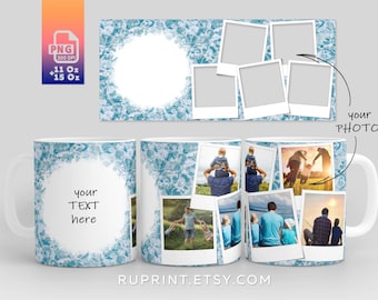 May include: White ceramic mug with a blue and white design. The mug features a circular frame with the text "your text here" and a collage of photos of people in various outdoor settings. The mug is 11 oz or 15 oz.