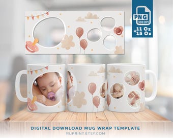 Diseño PNG para envolver tazas con foto de bebé, plantilla de sublimación personalizada, diseño en colores neutros, bebé niño/niña, regalo con foto personalizada