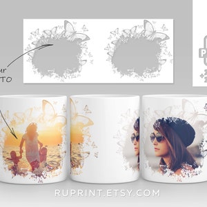 May include: White ceramic mug featuring a butterfly design with a watercolour effect. The mug has a space for a photo to be added. The mug is available in 11 or 15 ounce sizes.
