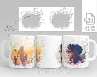 Butterfly photo frame, Photo mug sublimation design png, Butterfly png wrap, mug with photo, Digital template for sublimation in Mugs