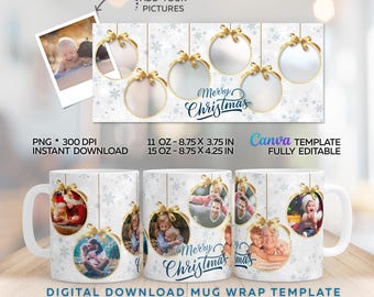 Puede incluir: Una plantilla digital para envolver tazas con temática navideña. El diseño presenta un fondo blanco con copos de nieve, adornos dorados y el texto "Merry Christmas". La plantilla está diseñada para contener varias fotos.