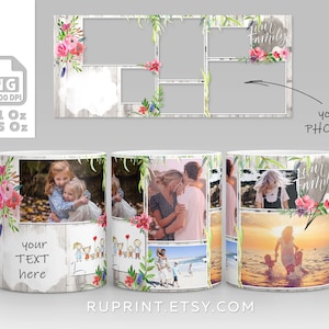 May include: White ceramic mug with a woodgrain background and floral accents. The mug features a collage of photos with the text "Our Family" and "Your Text Here".