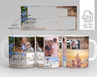 Taza collage de fotos familiares, marco de fotos familiares Plantilla digital para sublimación en Tazas, Plantilla de diseño de tazas
