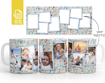 Könnte beinhalten: Weiße Keramiktasse mit einem bunten Mosaikdesign. Die Tasse verfügt über mehrere Fotorahmen mit Bildern von Menschen und einen Platzhalter für ein Foto. Der Text "Ihr Foto" ist im Bild enthalten.