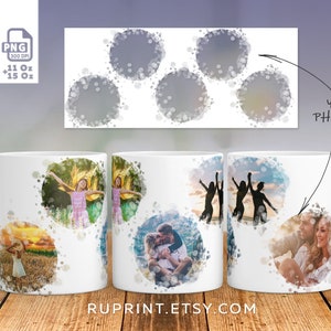 Photo mug template, 5 picture mug wrap png for 11 oz and 15 oz, mug sublimate designs