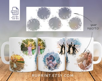 Photo mug template, 5 picture mug wrap png for 11 oz and 15 oz, mug sublimate designs