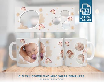 Diseño PNG para envolver tazas con foto, plantilla de sublimación personalizada, diseño en color neutro, regalo con foto personalizada