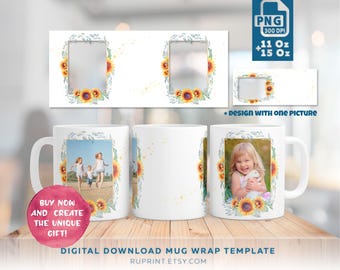 Envoltura de taza con marco de girasol (2 fotos) PNG, plantilla de taza con imagen, diseño de sublimación de taza con foto, plantilla digital para sublimación en tazas