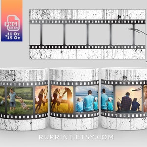 May include: White ceramic mug with a film strip design featuring four photo frames. The mug has a distressed white background with black film strip details. The text "your photo" is written in black on the right side of the mug.