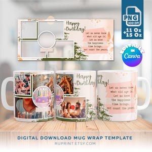 Alles Gute zum Geburtstag Becher Vorlage, Canva bearbeitbare Sublimationsbecher Wrap Designs, Bild Becher Wrap für Sublimation 11 und 15 oz, fügen Sie Ihre Fotos hinzu