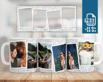 May include: White ceramic mug with a collage of four photos. The photos show a woman with a dog, a woman with her legs out of a car window, a woman with sunglasses, and a woman with sunflowers over her eyes.