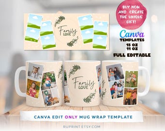 Diseño de taza con foto para sublimación, plantilla Canva totalmente editable, envoltura para taza con foto para sublimación, plantilla digital para taza de 11 oz y 15 oz