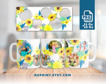 Plantilla PNG para envolver tazas con foto de girasoles (5 unidades), de 11 y 15 oz, personalizada, collage de fotos por sublimación