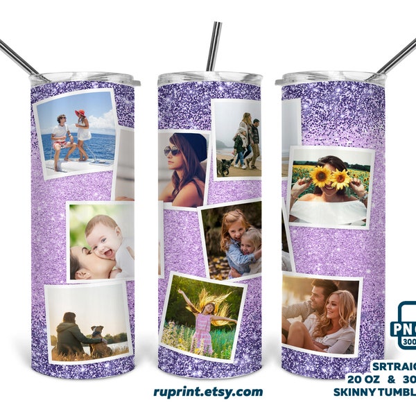 Purple violet glitter photo tumbler wrap png, Photo collage tumbler template, 20 & 30 Oz skinny tumbler design sublimation