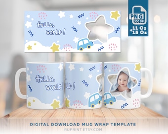 Hola Mundo - Taza personalizada con foto de bebé niño (PNG), regalo personalizado con foto, añade tu foto y texto, plantilla para sublimación