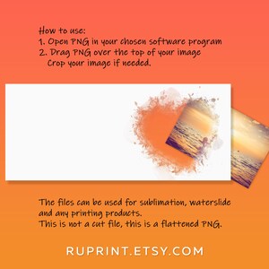 May include: A digital illustration of a sunset over the ocean with a watercolor effect. The image is a flattened PNG file and can be used for sublimation, waterslide, and printing products. The text "RUPRINT.ETSY.COM" is at the bottom of the image.