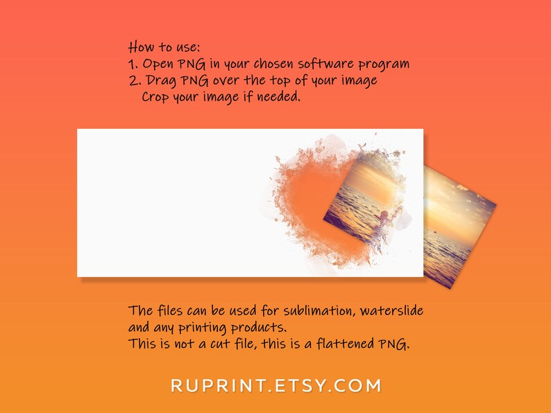 May include: A digital illustration of a sunset over the ocean with a watercolor effect. The image is a flattened PNG file and can be used for sublimation, waterslide, and printing products. The text "RUPRINT.ETSY.COM" is at the bottom of the image.