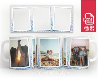 May include: White ceramic mug with a glittery iridescent design. The mug has three photo spaces, each with a white border. The photo spaces feature a couple kissing on a beach, two people standing on a beach at sunset, and a group of people standing in front of a car.
