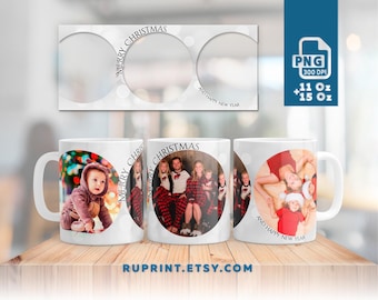 Könnte beinhalten: Weiße Keramikbecher mit individuellen Familienfotos und dem Text "MERRY CHRISTMAS AND HAPPY NEW YEAR". Die Becher sind 312 ml und 425 ml. Über den Bechern befindet sich ein dekoratives Banner mit dem Text "MERRY CHRISTMAS".