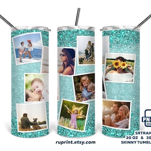 Benutzerdefinierte Foto Tumbler Wrap PNG, Foto Collage Tumbler Vorlage, Teal Glitter Tumbler Design 20 & 30 Oz Skinny Tumbler Design Sublimation