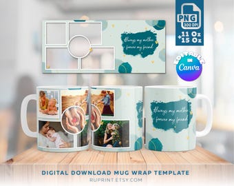 Design digitale per avvolgere la tazza della mamma, avvolgere la tazza con collage fotografico, design a sublimazione, avvolgere la tazza con foto PNG Canva modello di tazza modificabile regalo per la festa della mamma