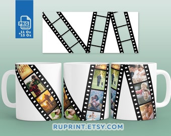 フィルムフォトフレームマグ、フォトマグテンプレート、11オンスと15オンスのマグ用フォトコラージュラップ、マグ昇華デザインPNG