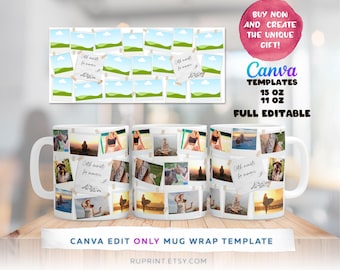 Diseño de taza con foto para sublimación, plantilla Canva totalmente editable, envoltura para taza con foto para sublimación, plantilla digital para taza de 11 oz y 15 oz