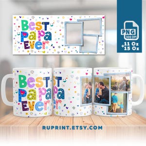Op de afbeelding: Een witte keramische mok met een kleurrijk "Best Papa Ever" ontwerp en een fotocollage van een vader en zijn kinderen. De mok is verkrijgbaar in 11 oz en 15 oz.