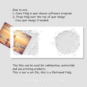 May include: A digital download of a white circle with a blurred white background. The circle is surrounded by white dots. The image is for sublimation, waterslide, and printing products. The text "RUPRINT.ETSY.COM" is at the bottom of the image.