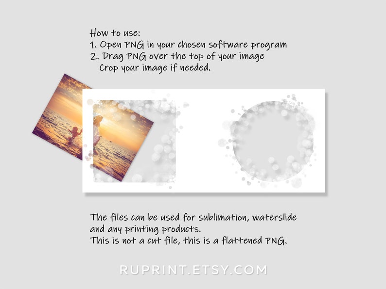 May include: A digital download of a white circle with a blurred white background. The circle is surrounded by white dots. The image is for sublimation, waterslide, and printing products. The text "RUPRINT.ETSY.COM" is at the bottom of the image.