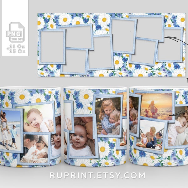 Flower mug template, 8 picture collage mug wrap png, 11 Oz and 15 Oz photo mug template