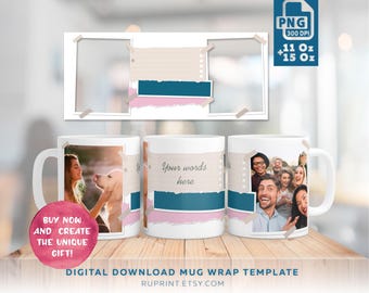 Photo Mug Wrap For 15 and 11 Oz, Picture Mug Template PNG, 2 Photo coffee mug, mug with picture