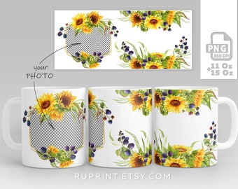 Envoltura de taza con girasol, plantilla digital para sublimación en tazas, girasol PNG para sublimación, taza de sublimación, plantilla de diseño de taza